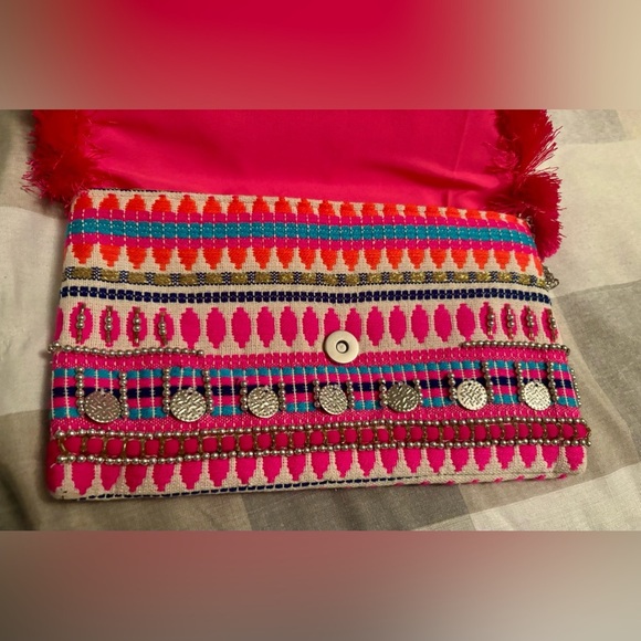 Express BoHo Rustic Pink Fringe Clutch Purse Beaded Ornamental - Picture 6 of 6